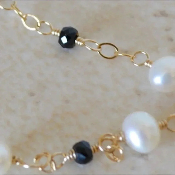 Black Spinel,Pearls,Tin Cup Style Bracelet,Black And White Minimalists bracelet - Picture 2 of 4